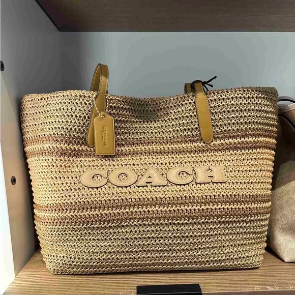 NWT COACH Straw and smooth leather City Tote Bag CBG87 Im/Honey Brown Multi - Picture 6 of 11